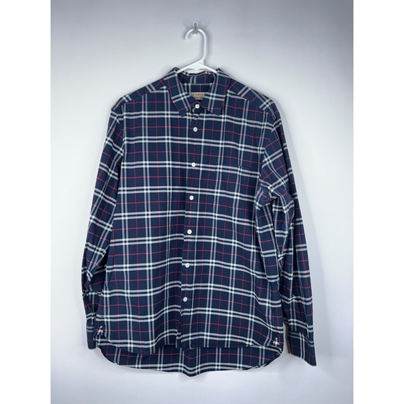 Burberry Navy Blue Red Nova Check Button Down Shirt Long Sleeve Cotton Large - Picture 1 of 10